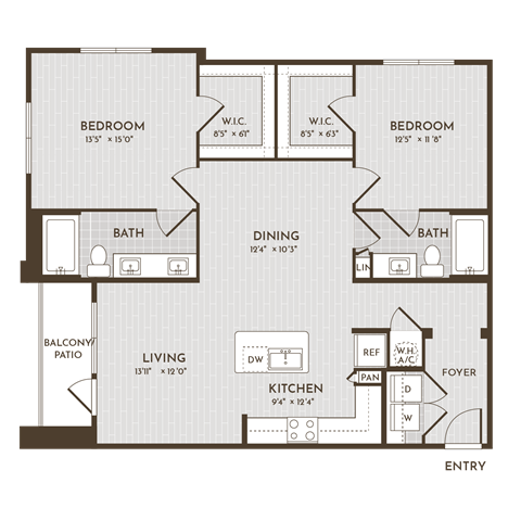 Floor plan for 2 beds, 2 baths, 1209 sqft